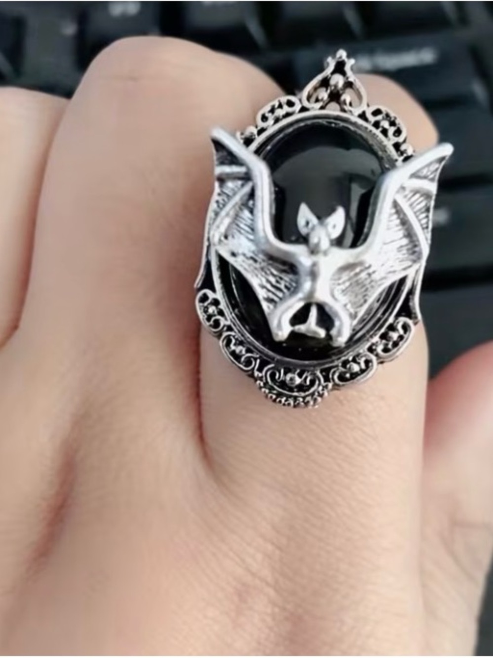 Silver Bat Statement Ring with Black Stone